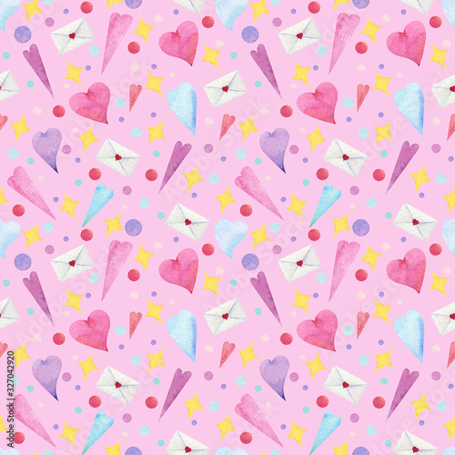Seamless pattern with watercolor hearts on pink background for textile, covers, T-shirts, linen and etc