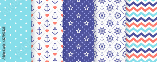 Marine seamless pattern. Vector. Nautical, sea backgrounds with anchor, wheel, polka dot, zigzag and star. Set blue summer prints. Geometric texture for baby shower, scrapbooking. Color illustration