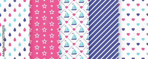 Nautical, sea seamless pattern. Vector. Marine backgrounds with sailboat, stripe, star and hearts. Set summer texture. Geometric print for baby shower, scrapbooking. Color illustration