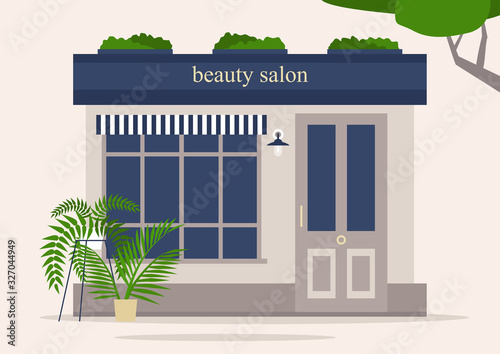 Beauty salon storefront, hairdresser studio exterior