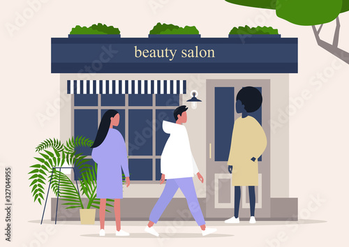 Beauty salon storefront, hairdresser studio exterior, characters standing and walking nearby