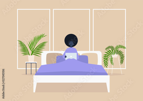 Young black female character lying in bed with computer, bedroom interior, millennial lifestyle