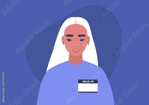 Young asian female character wearing a hello my name is tag, self introduction, millennial lifestyle