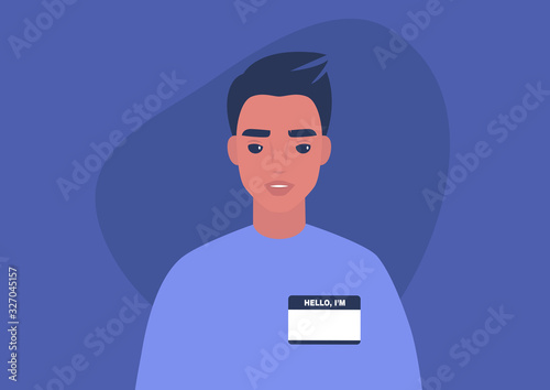 Young male character wearing a hello my name is tag, self introduction, millennial lifestyle