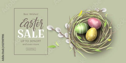 Vector elegant horizontal easter sale banner with realistic colored eggs in bird's nest and 3d pussy willow. Vintage festive background with place for text for design of flyers with discount offers.