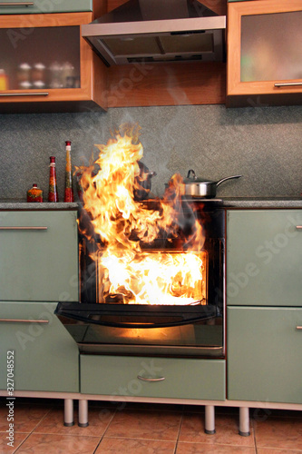 Fire in the house in the kitchen. Home insurance
