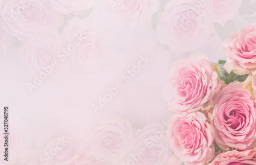 Flower frame, banner. Delicate card with pink roses on a soft white and pink background. Space for text.
