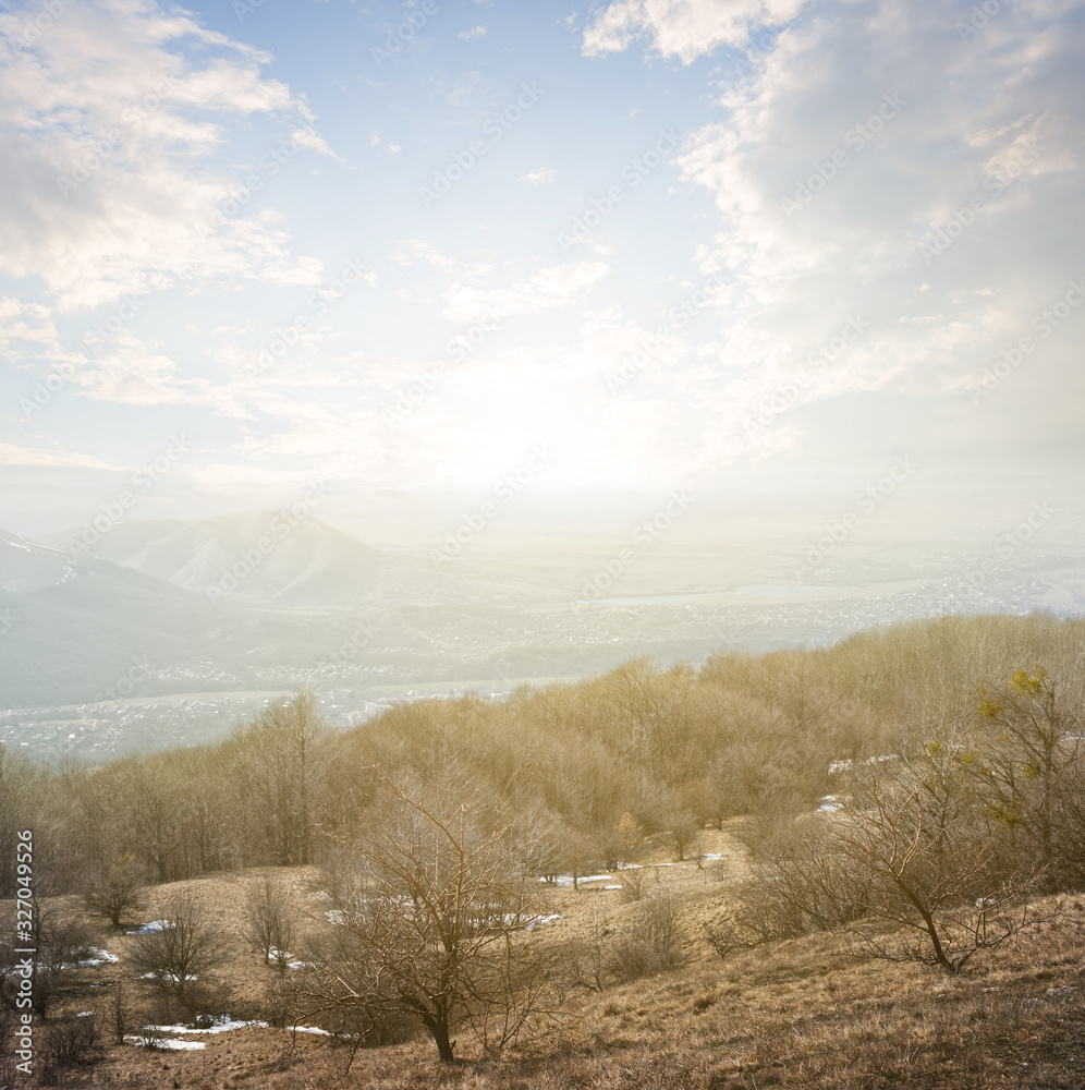 mountain valley in a light of morning sun mountain valley in a light of morning sun