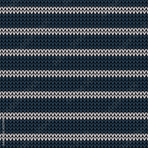Knitted pattern in dark blue and light grey with simple horizontal stripes. Seamless knit texture for winter scarf, hat, top, socks, or other everyday textile design.