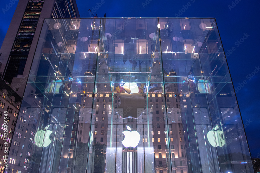NEW YORK, USA October 2019 Apple Store logo at the entrance to the