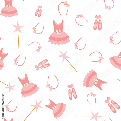 Seamless pattern of ballerina accessories including dress, dance shoes, headband, and magic wand on a white background