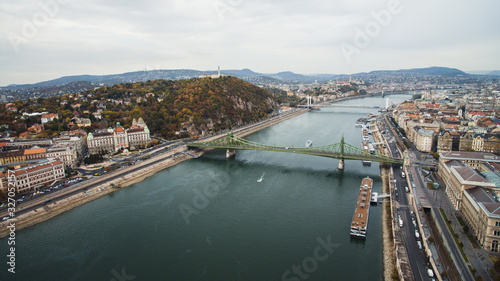 Budapest,Hungary - Aerial skyline view of Petofi Bridge .Boat Ride on the River Danube. Cloudy day