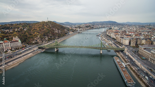 Aerial view of Petofi Bridge .Boat  Ride on the River Danube. Cloudy day. Budapest, Hungary