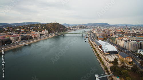 Drone view of Petofi Bridge .Boat Ride on the River Danube. Cloudy day. Budapest, Hungary