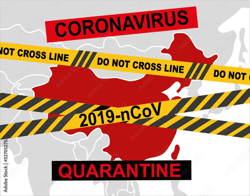 Map of China Wrapped Warning Strip. 2019-nCoV. China pathogen respiratory coronavirus 2019-nCoV. Flu spreading of world. Dangerous chinese ncov corona virus, SARS pandemic risk alert.