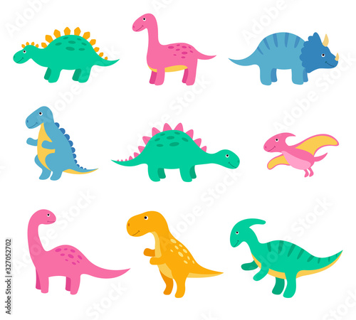 Fototapeta Naklejka Na Ścianę i Meble -  Cute colorful cartoon dinosaurs set isolated on white background. Vector illustration for kids