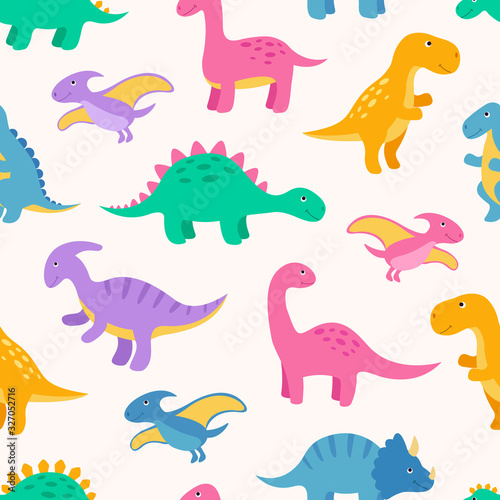 Cute colorful seamless pattern with dinosaurs. Bright background for kids. Vector illustration for textile manufacturing  notebooks etc