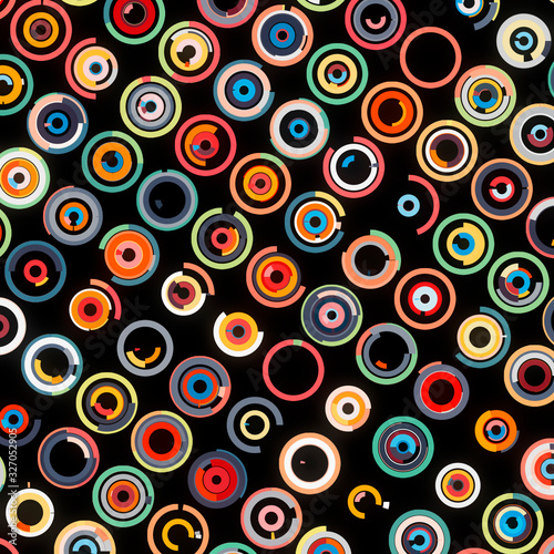 Abstract grungy image of many different circles in warm tones isolated on black background. Print of a modern funny simple art.