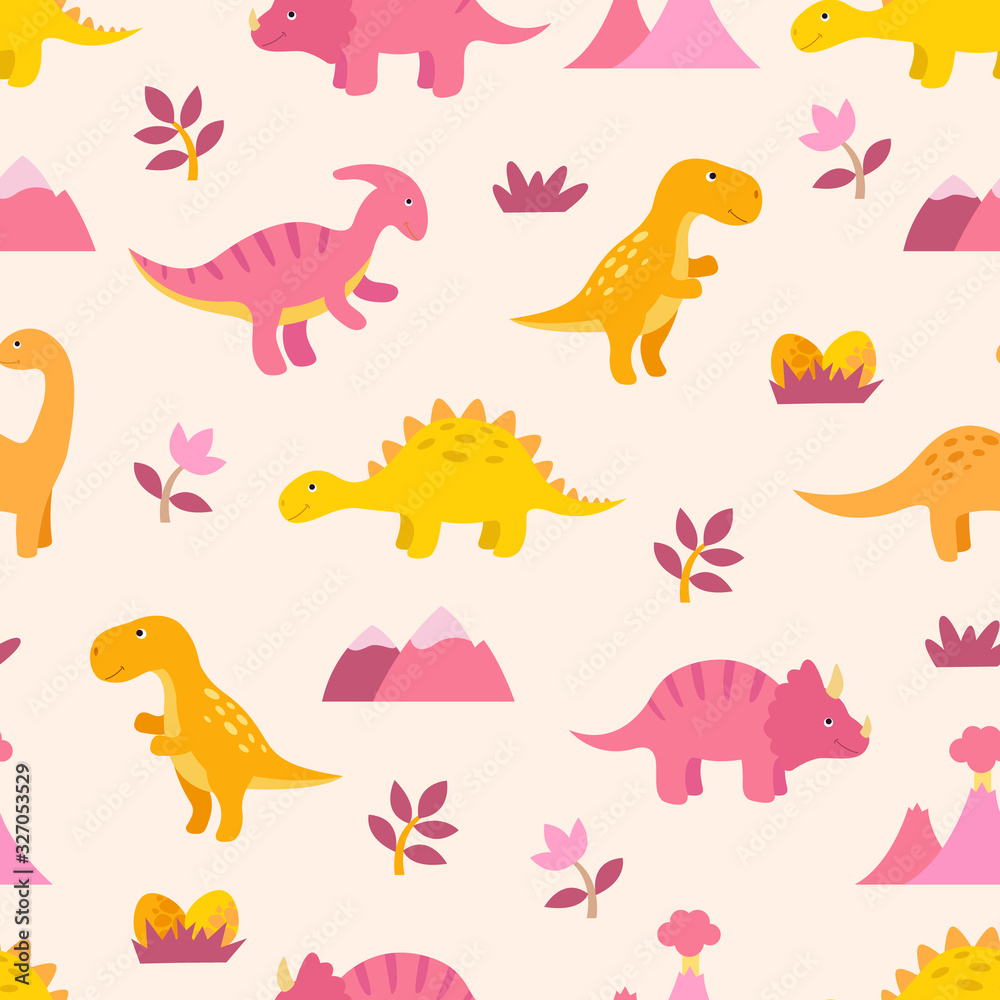 Cute colorful seamless pattern with dinosaurs. Bright background for kids. Vector illustration for textile manufacturing, notebooks etc