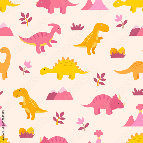 Fototapeta Naklejka Na Ścianę i Meble -  Cute colorful seamless pattern with dinosaurs. Bright background for kids. Vector illustration for textile manufacturing, notebooks etc
