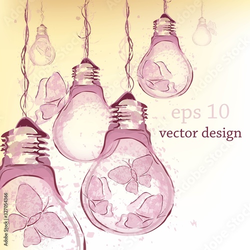 Light bulbs hanging from the ceiling with butterflies inside.