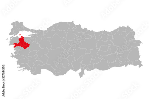 Balıkesir province marked red on turkey map vector. Gray background. Perfect for business concepts, backgrounds, backdrop, poster, sticker, banner, label, chart and wallpaper. photo