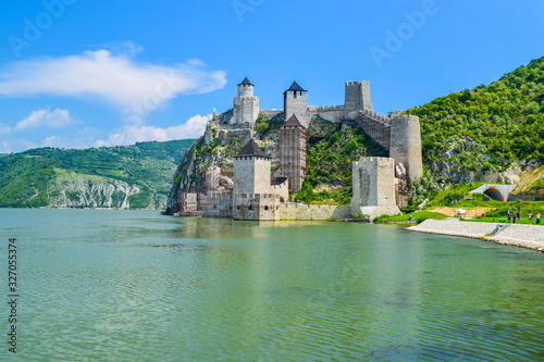 The old medieval Golubac Fortress on the banks of the Danube River. Serbia. photo