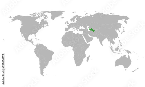 Turkmenistan highlighted green on world map. Asian country. Perfect for business concepts, backgrounds, backdrop, poster, chart, banner, label, sticker and wallpapers.