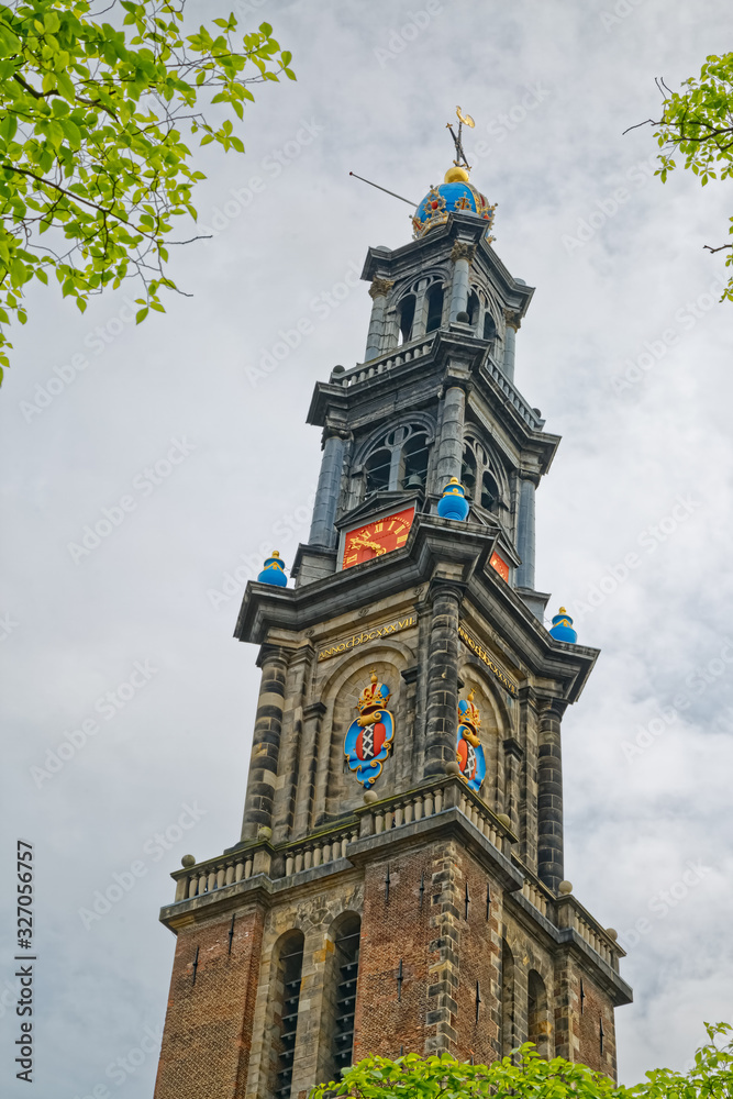 Amsterdam Westerkerk tall tower in Prinsengracht street