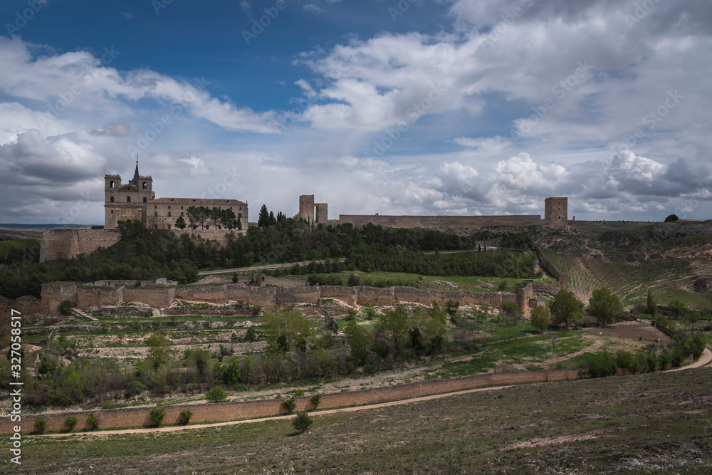 Panoramic view of the famous Monastery of Uclés, with the Castle on one side and the walls surrounding them (Cuenca), Spain