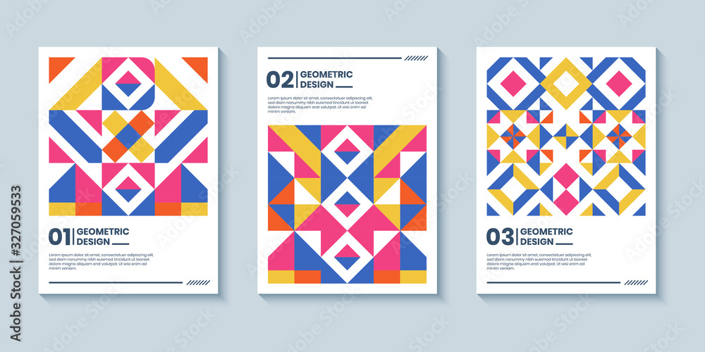 Set of 3 retro cover template with abstract geometric shape composition. Poster design bundle