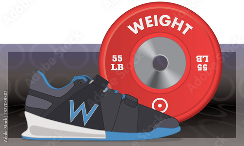 weightlifting running shoe in front of a red weight plate on an abstract background