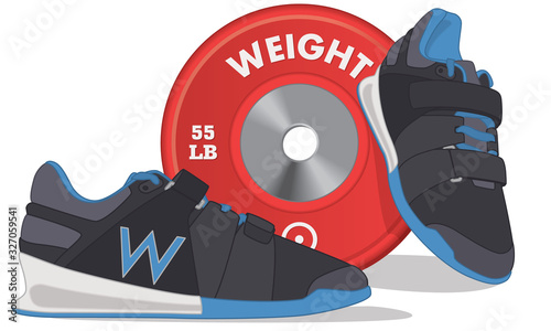 pair of weightlifting running shoes in front of a red weight plate isolated on white background