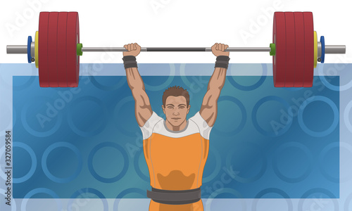 man lifting weights above head with abstract background