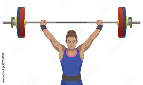 woman lifting weights above head isolated on a white background