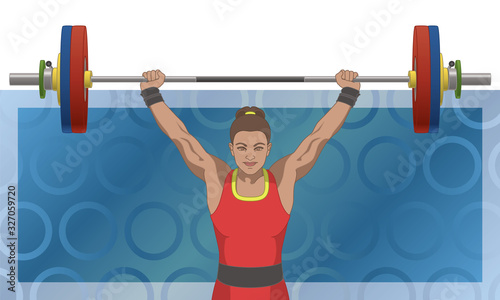 woman lifting weights above head with abstract background