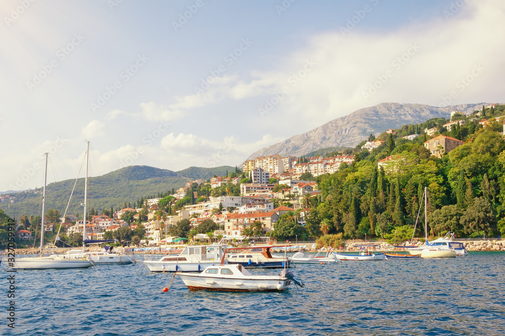 Beautiful summer Mediterranean landscape. Montenegro, Adriatic Sea, Bay of Kotor. View of  Herceg Novi city from sea