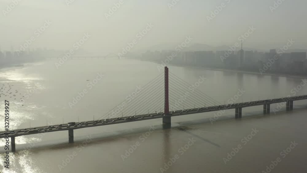 sunny hangzhou city river famous traffic bridge aerial panorama 4k china sunny hangzhou city river famous traffic bridge aerial panorama 4k china