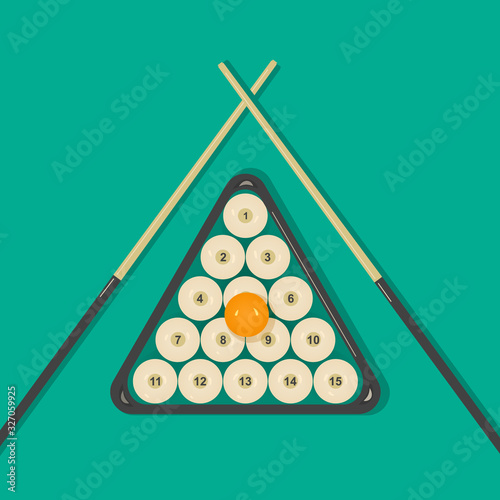 Set of billiard balls: 15 white shining balls with numbers and a yellow cue ball, two crossed cues and a triangle on green background.A kit of equipment for playing Billiards.Vector flat illustration