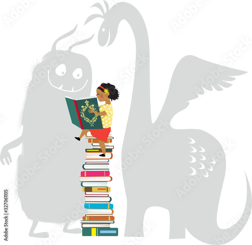 Little girl reading a book, imaginary monsters looking over her shoulder, EPS 8 vector illustration