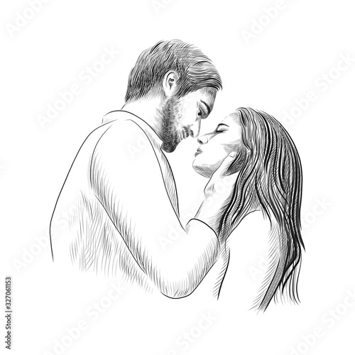Couple in love - hand drawn vector sketch illustration with man and woman date. A second before the kiss moment.