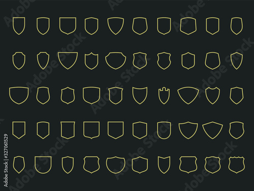 Shield shapes. Set of 50 vector outline shields and badges on black background. Modern flat design. Safety, protection, safeguard, sport and heraldic template. Easy to use and edit.