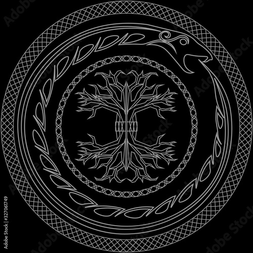 Contour yggdrasil and ouroboros in ornamented circles on black background