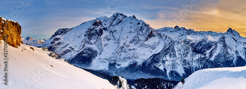 Beautiful panoramic view to the Sellaronda - the largest ski carousel in Europe - skiing the four most famous passes in the Dolomites (Italy), extraordinary snowy peaks of the dolomites, southern alps