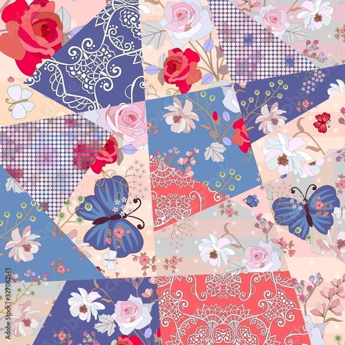 Patchwork pattern with beautiful flowers and butterflies.
