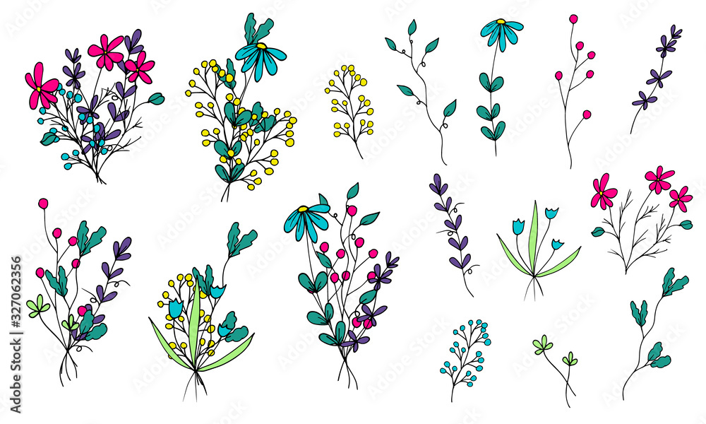 Set of bright bouquets and branches of multi-colored simple flowers in doodle style. Pink, blue, green, yellow. Hand made style. Isolated objects on a white background. Vector stock illustration.