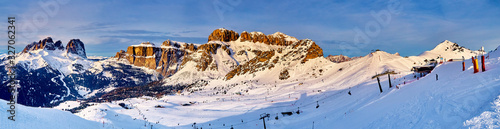 Beautiful panoramic view to the Sellaronda - the largest ski carousel in Europe - skiing the four most famous passes in the Dolomites (Italy), extraordinary snowy peaks of the dolomites, southern alps photo