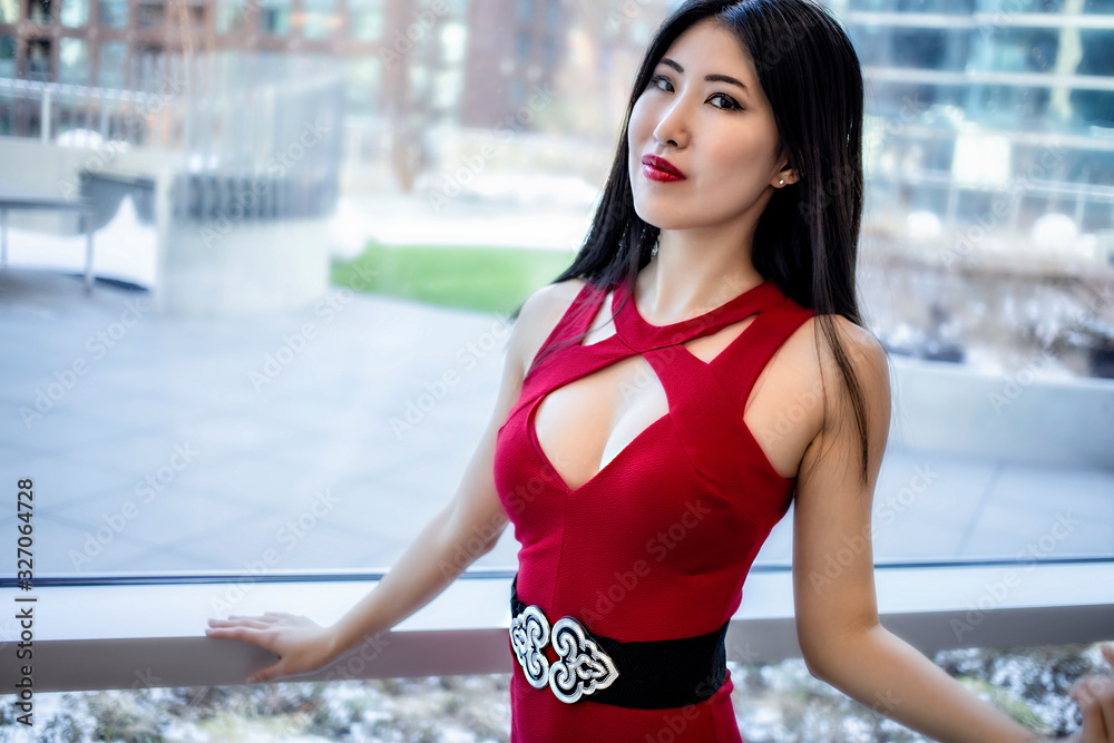 close up of beautiful female Asian model face. wearing fashionable red lipstick and dress in luxury condo. she has long black hair and dark eyes close up of beautiful female Asian model face. wearing fashionable red lipstick and dress in luxury condo. she has long black hair and dark eyes