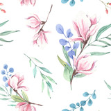Hand drawn watercolor magnolia floral pattern