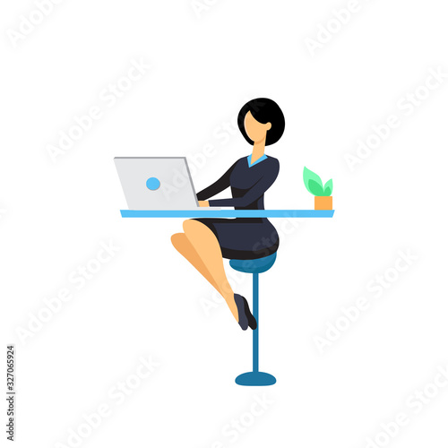vector icon of a business woman sitting on a high chair at a laptop and working remotely on freelance, the project manager communicates with the team, the programmer in the coworking space, front end